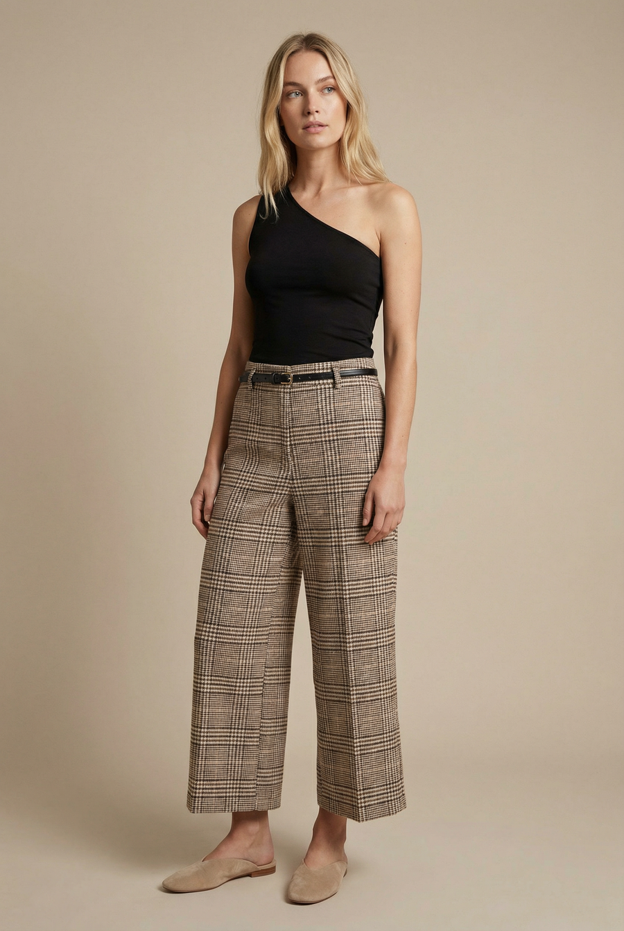 Pantalon Culotte À Carreaux Marron avec ceinture