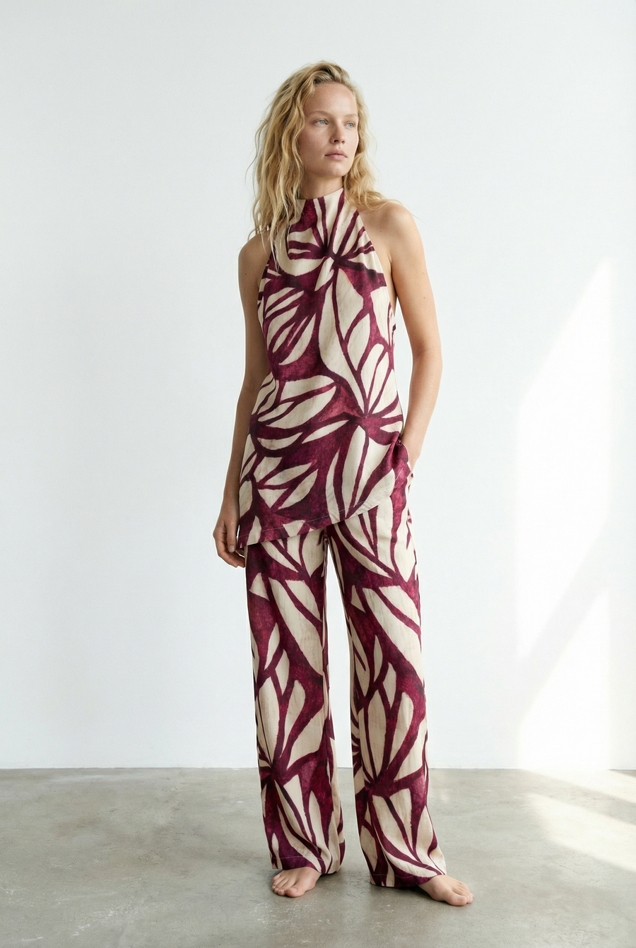 Pantalon Motif Ample Fluide Violet Bordeaux