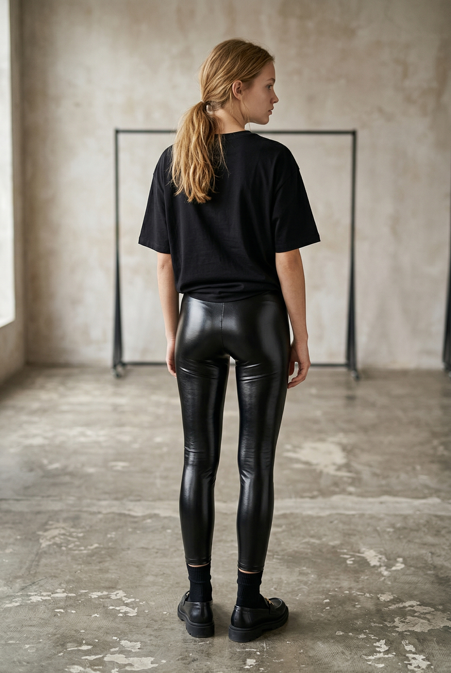 Legging noir brillant femme Taille haute Coupe ajustée extensible