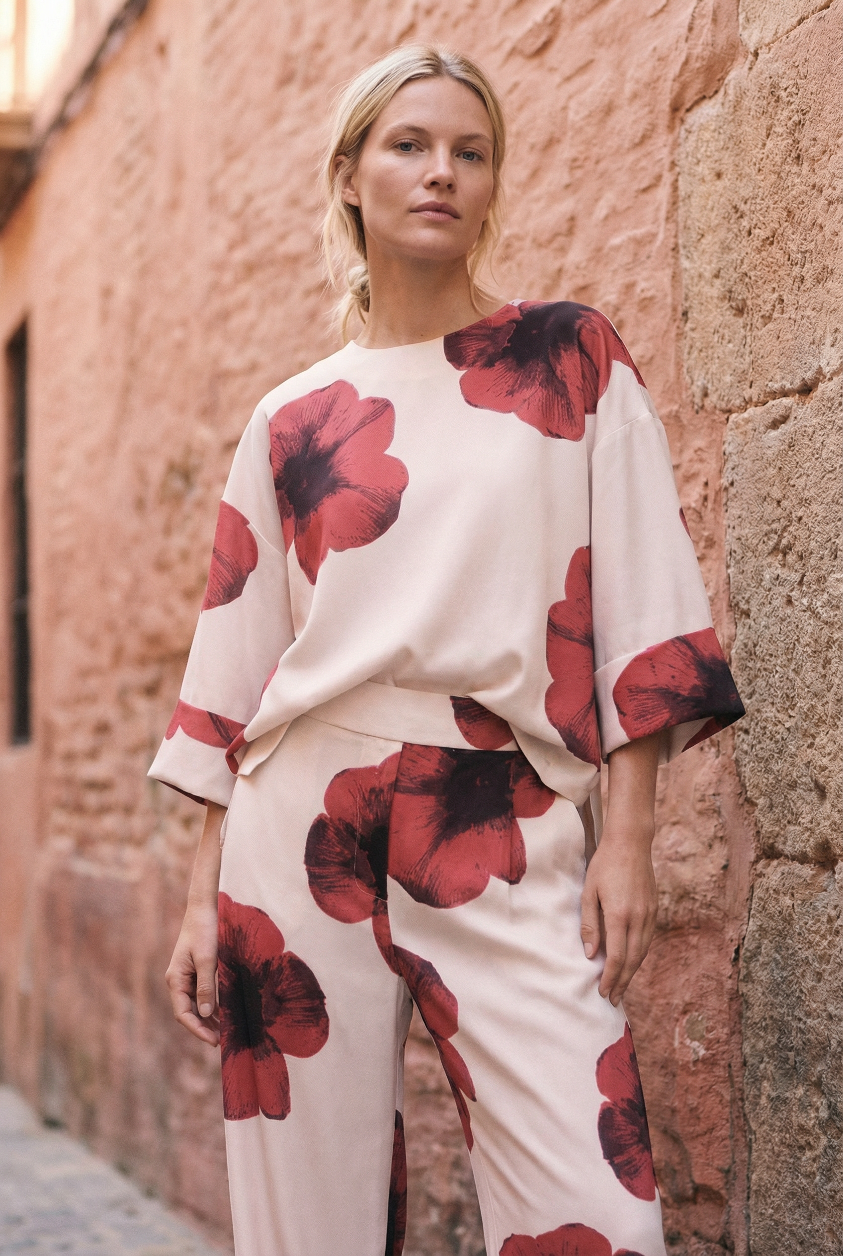Pantalón de mujer con estampado floral rojo sobre blanco: corte recto moderno, tejido ligero y comodidad óptima.