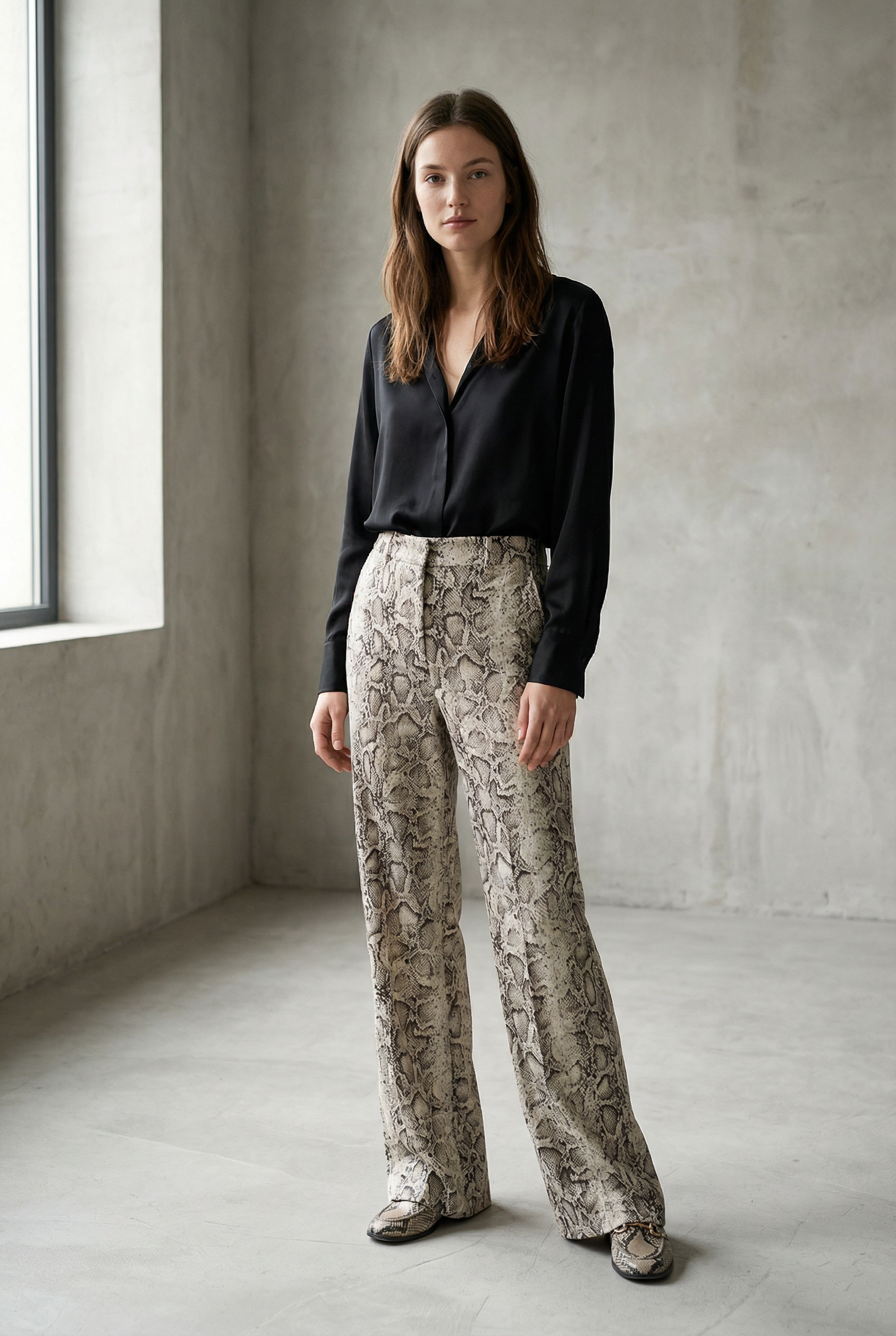 Pantalones Palazzo de pitón con estampado animal chic para mujer, cintura alta y sueltos para un estilo atrevido.