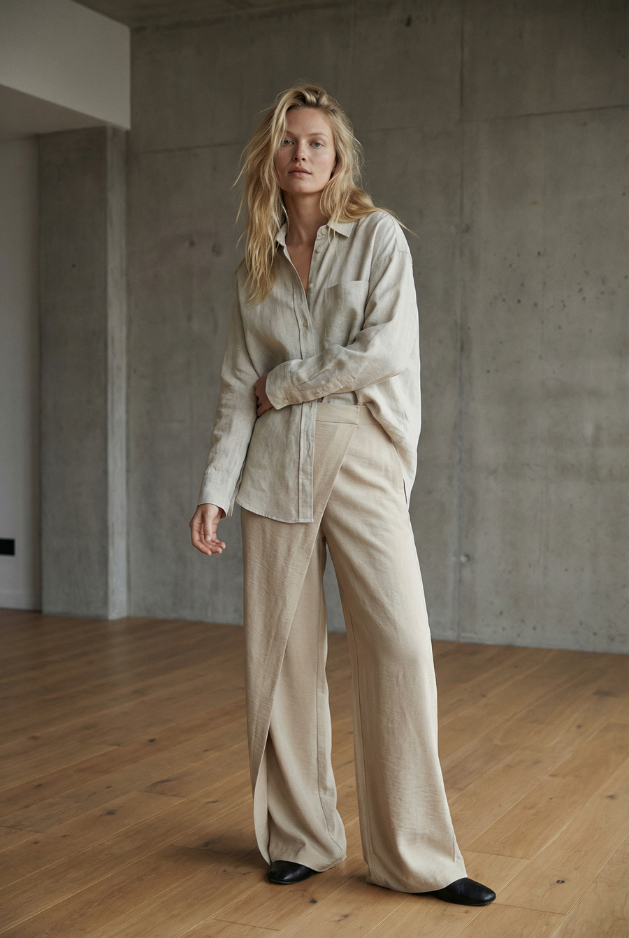Pantalon Pareo Beige Fluide Taille Haute Drapé
