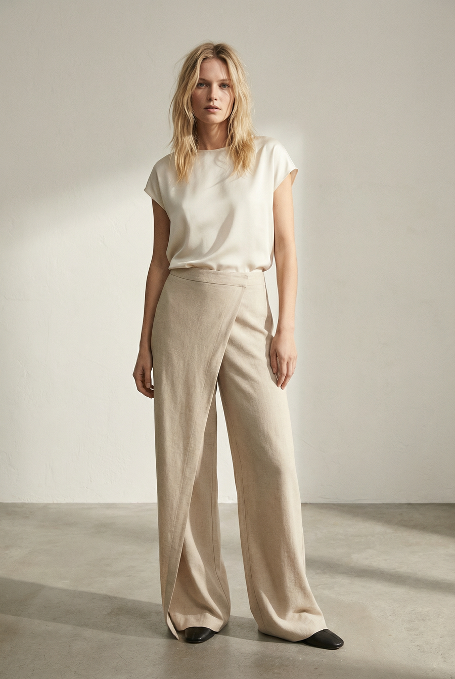 Pantalon Pareo Beige Fluide Taille Haute Drapé