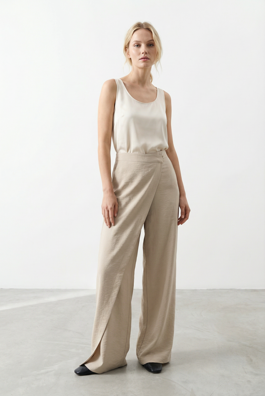 Pantalon Pareo Beige Fluide Taille Haute Drapé