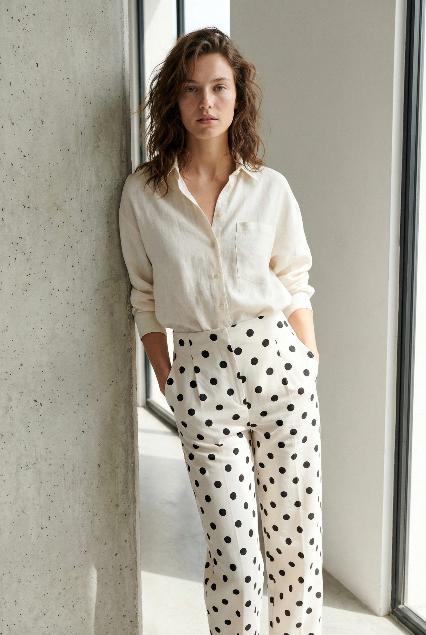 Pantalon fluide à pois noir blanc taille haute