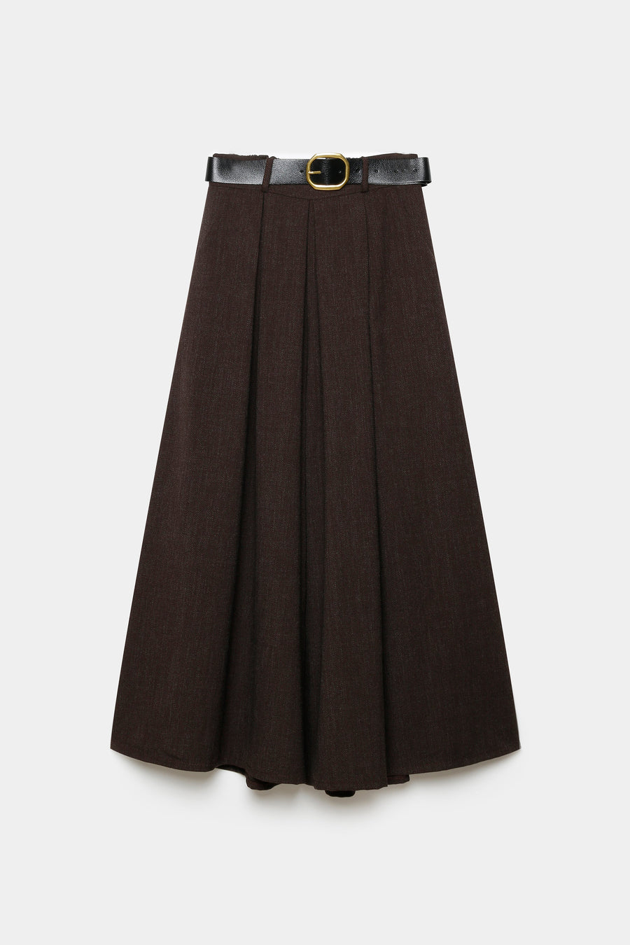 Pantalon large taille haute femme vue de face, avec une ceinture intégrée, sur fond neutre.