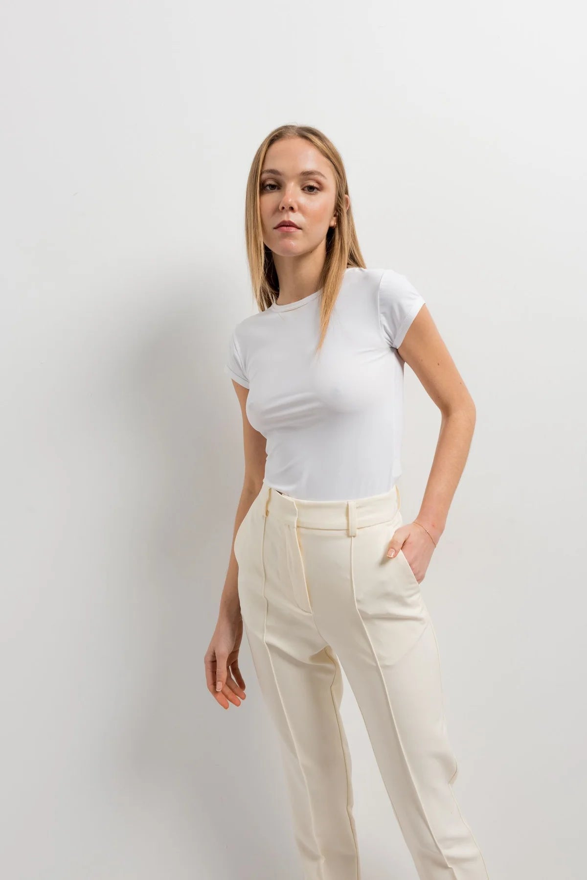 Pantalon droit élégant – Taille haute – Écru – Polyester mélangé Sapiato
