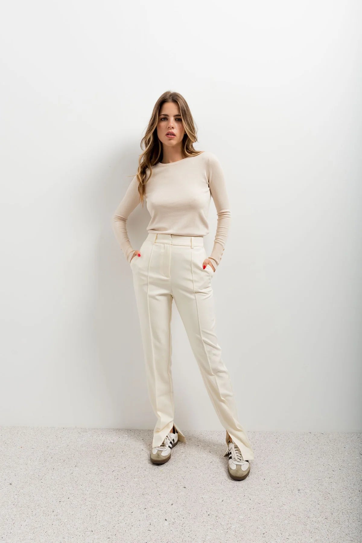 Pantalon droit élégant – Taille haute – Écru – Polyester mélangé Sapiato