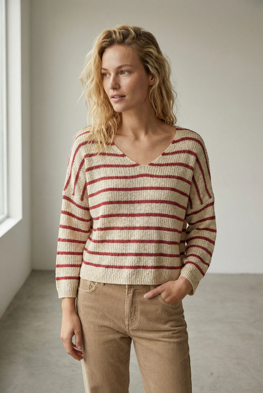 Pull court femme en maille torsadée col V style cropped