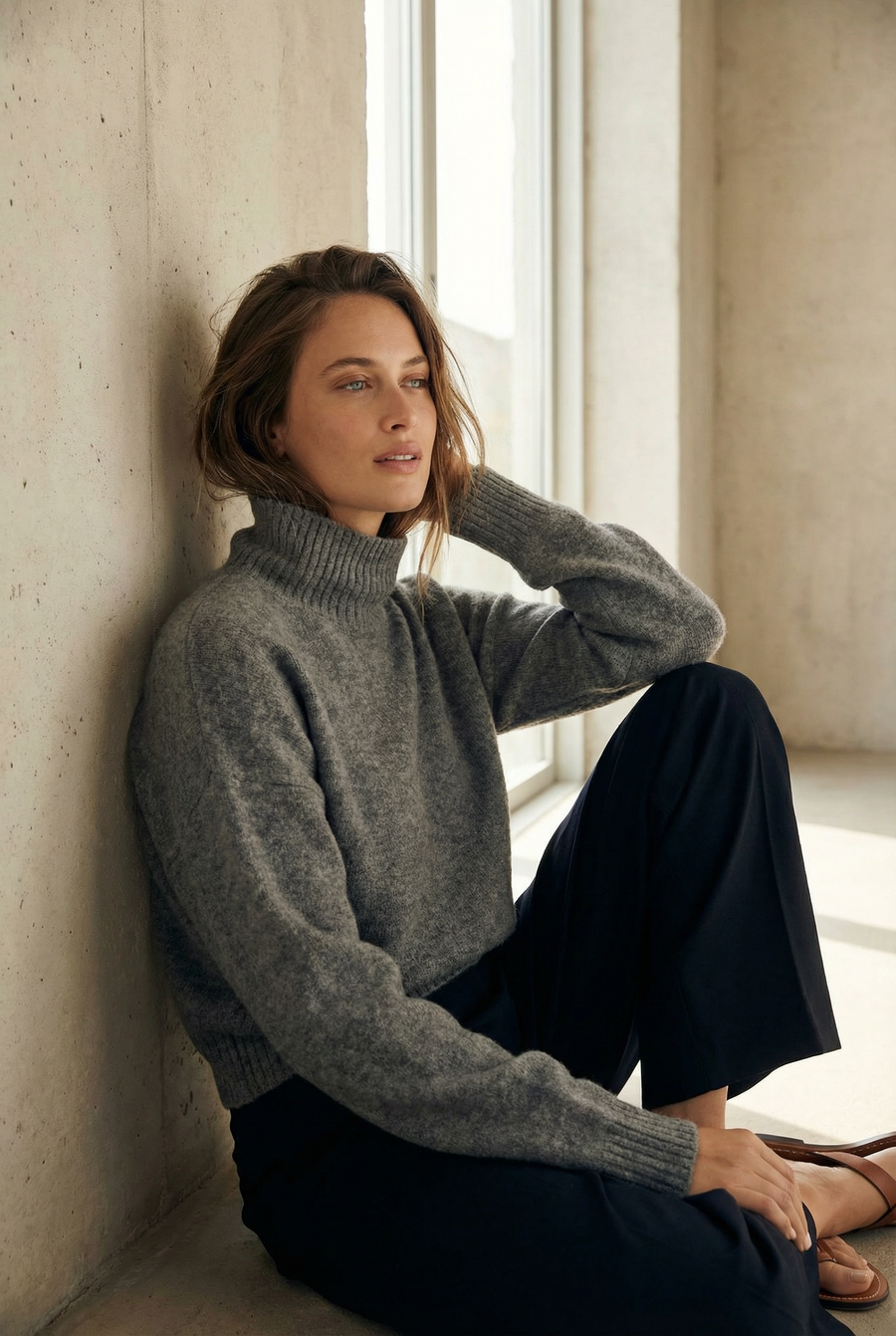 Pull court gris col roulé
