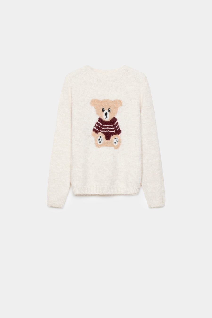 Détails du dos du pull jersey motif ours en mohair laine, coloris écru, affichant le motif ours, idéal pour un look décontracté.