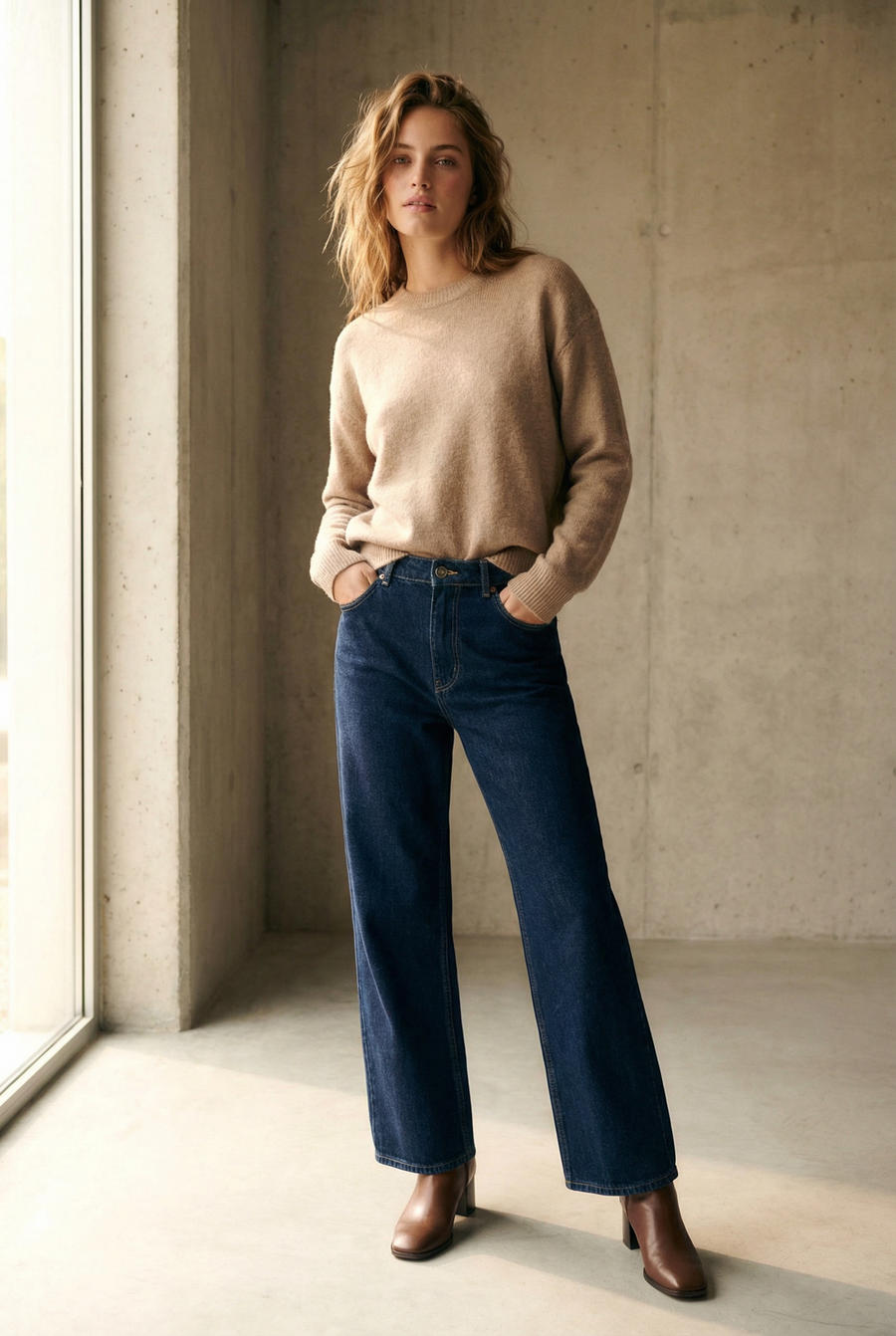 Pull laine marron col rond