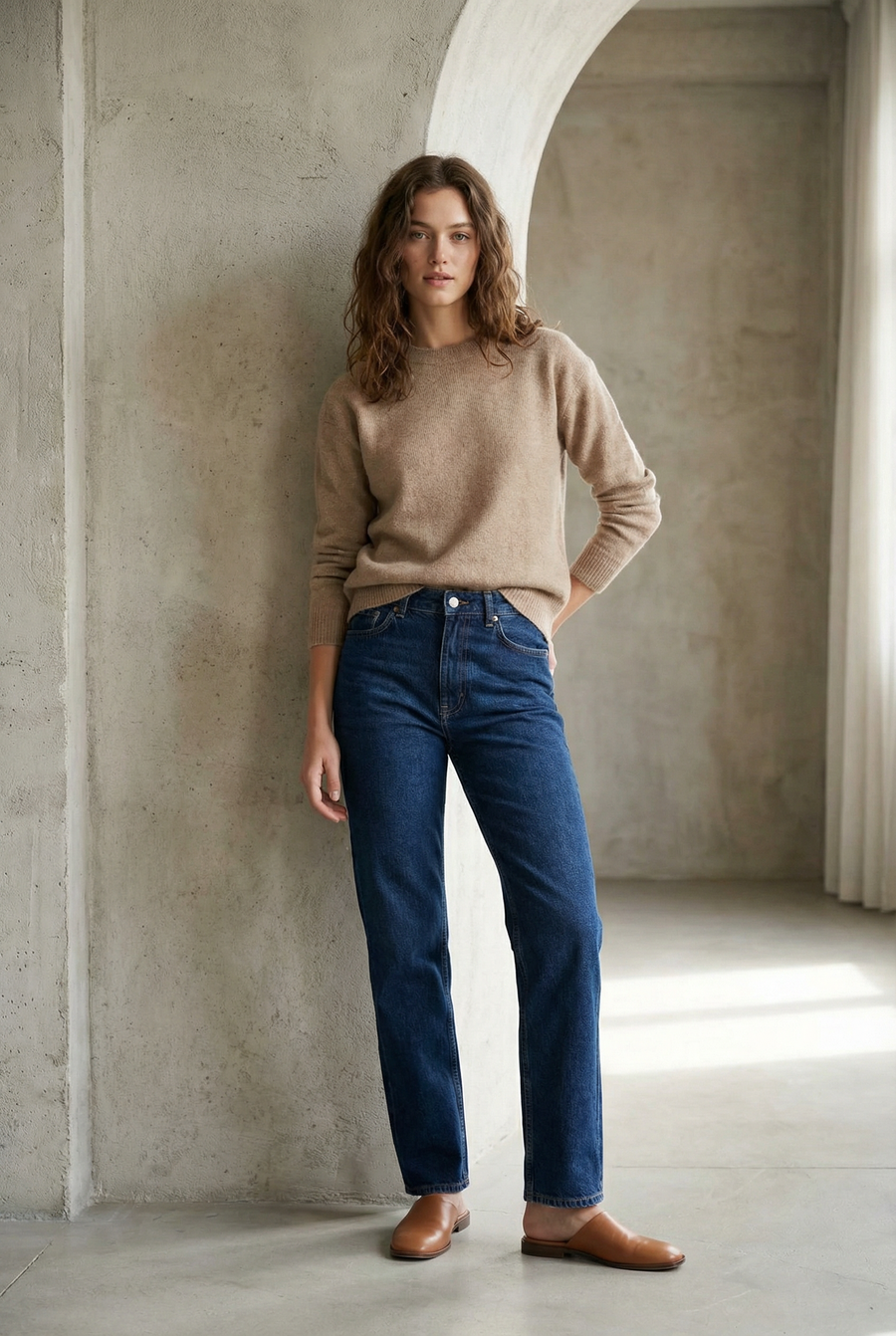 Pull laine marron col rond