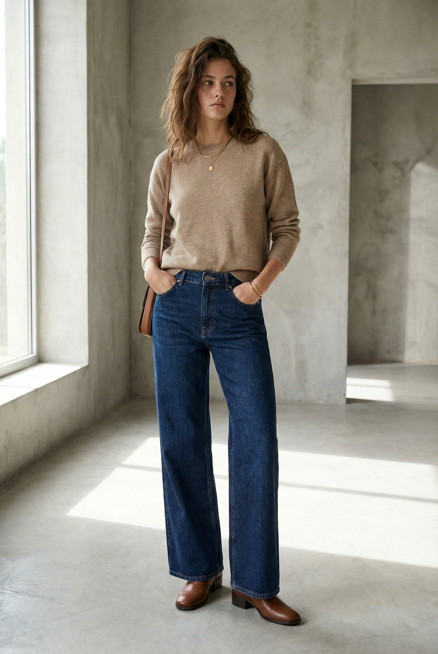 Pull laine marron col rond