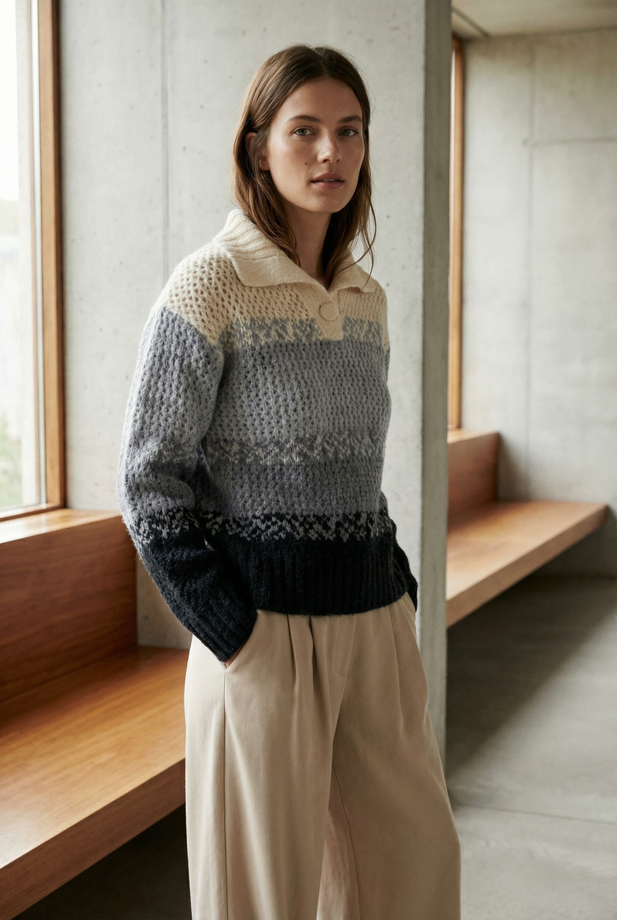 Pull polo femme en maille douce – Manches longues vue de profil