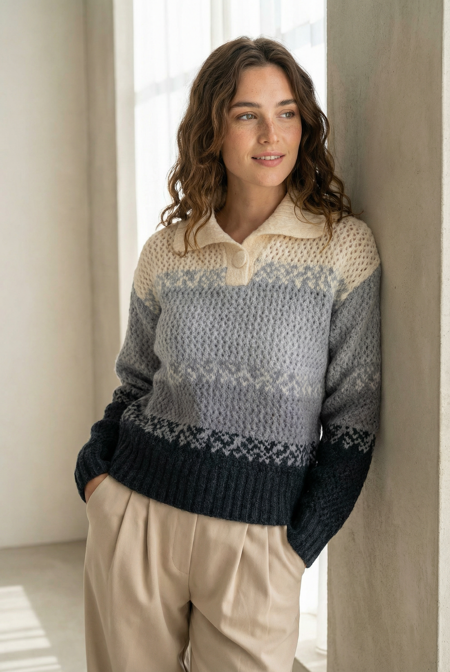 Pull polo femme en maille douce – Manches longues vue portée