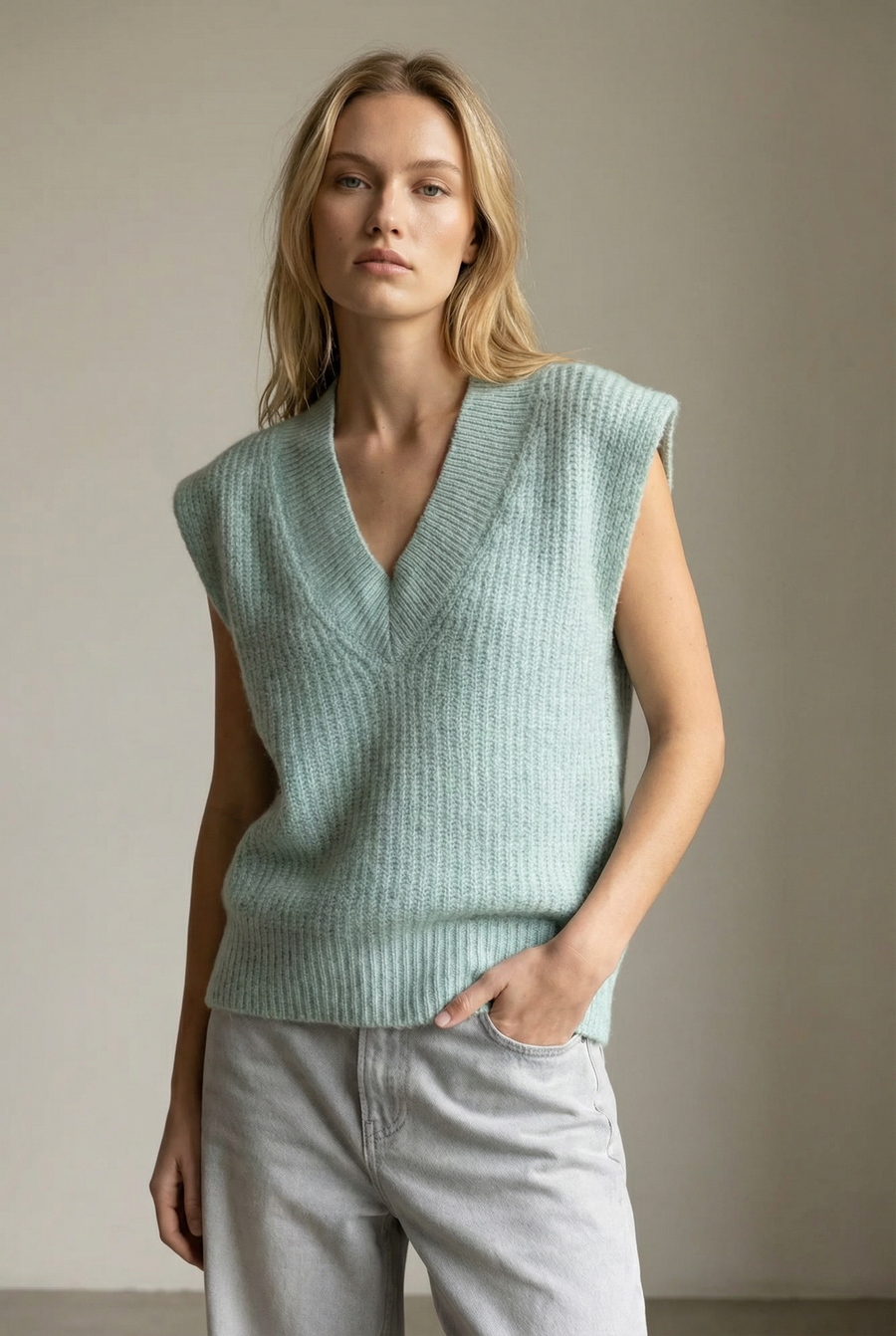 Pull sans manches en tricot col V détail du produit