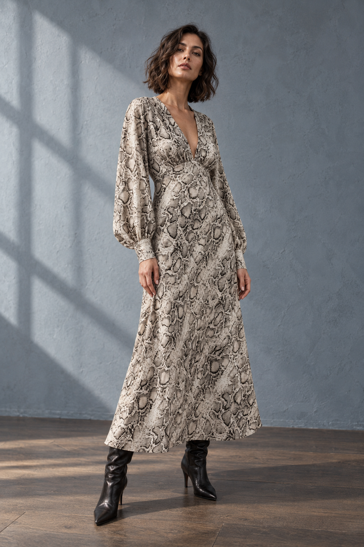 @Robe Animal Midi Imprimé Python Col Cache-Cœur Manches Bouffantes Élégante et Fluide