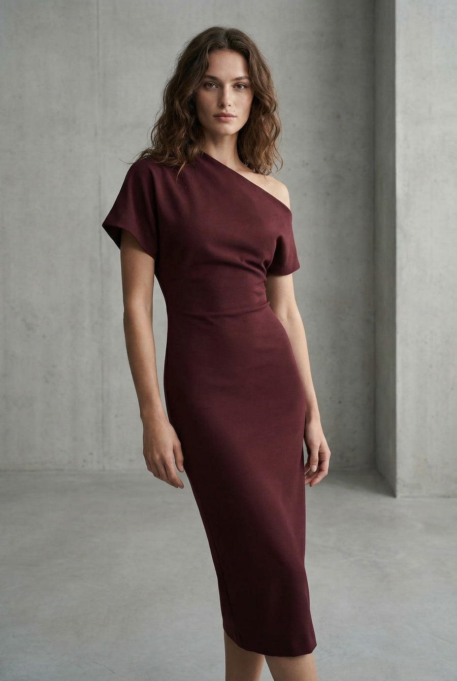 Vestido asimétrico burdeos chic: corte de poliéster elegante y versátil