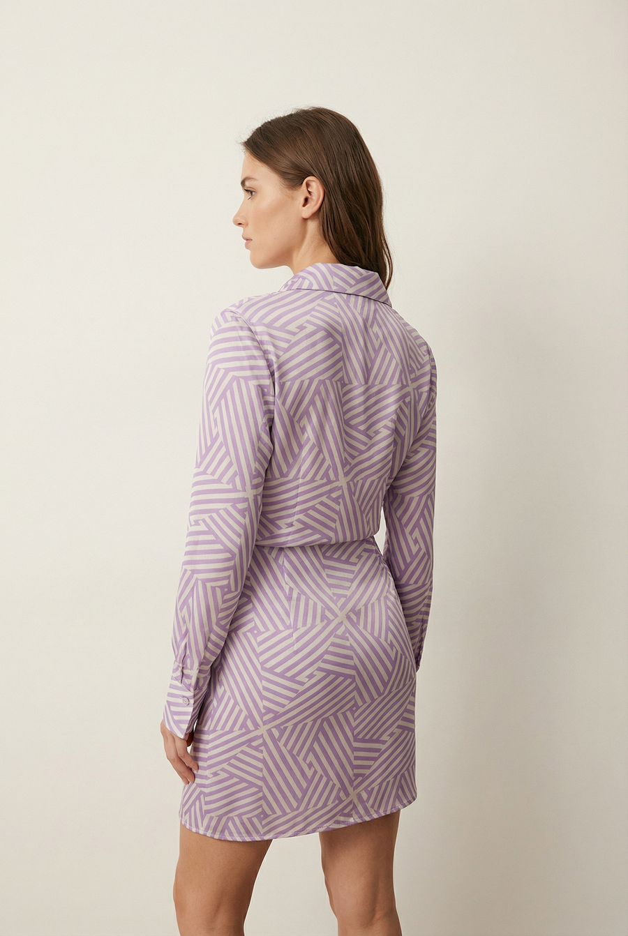 Robe Chemise Femme Courte Imprimée Violet à Rayures Graphiques, Chic et Tendance vue 6