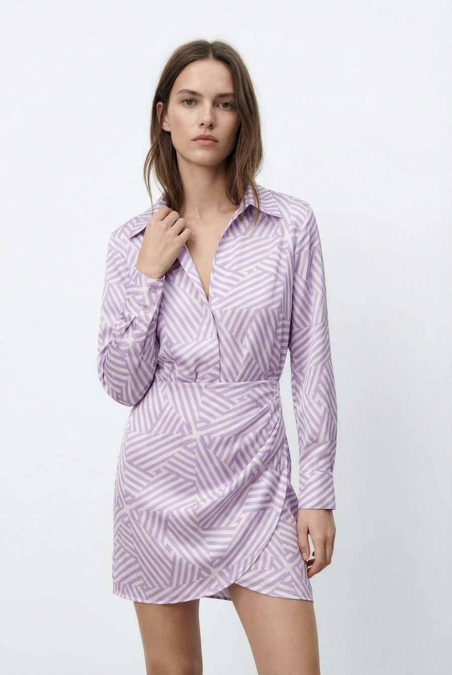 Robe Chemise Femme Courte Imprimée Violet à Rayures Graphiques, Chic et Tendance vue principale