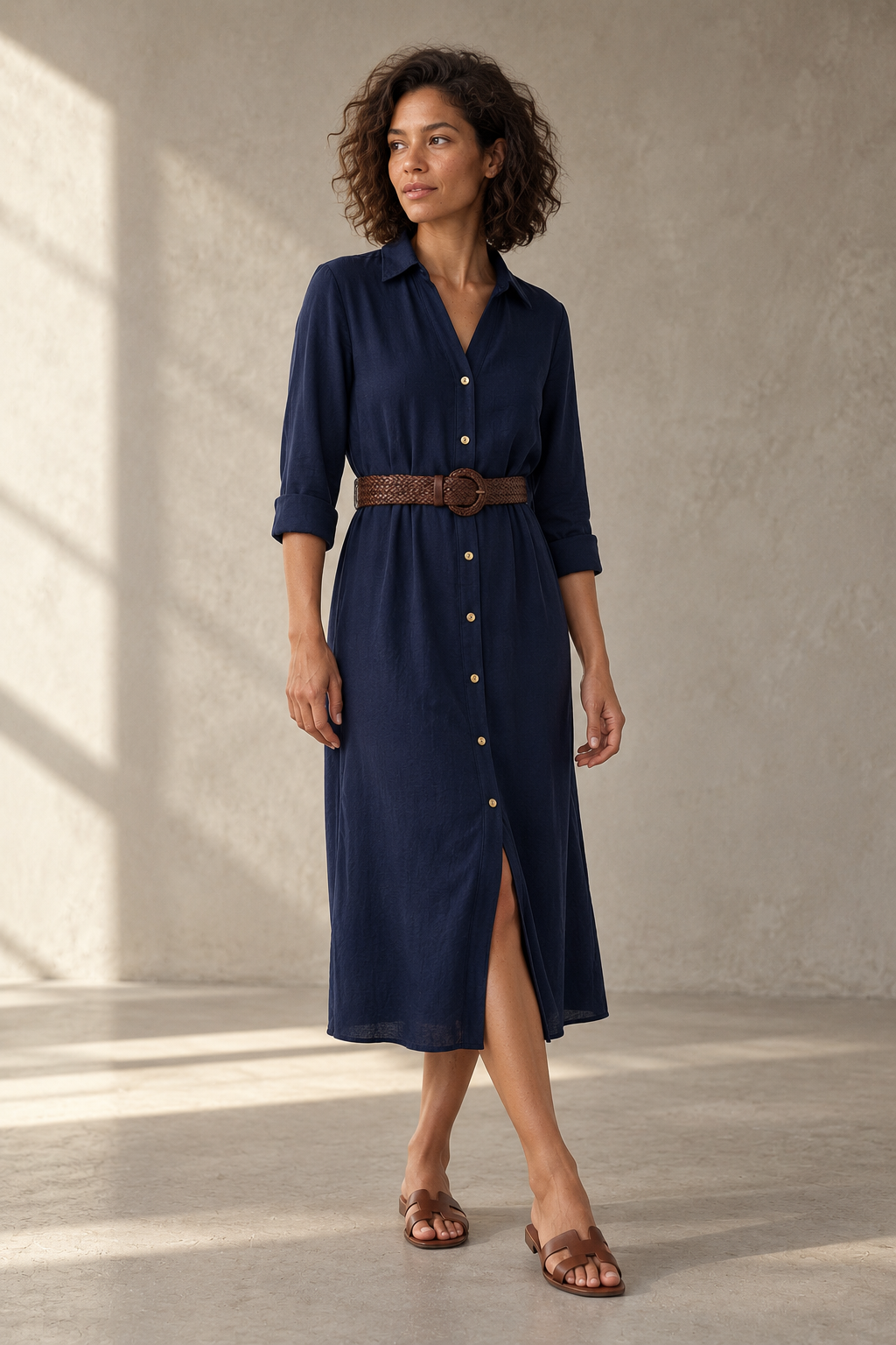Robe Chemise Longue Bleu Marine Avec Ceinture Tressée