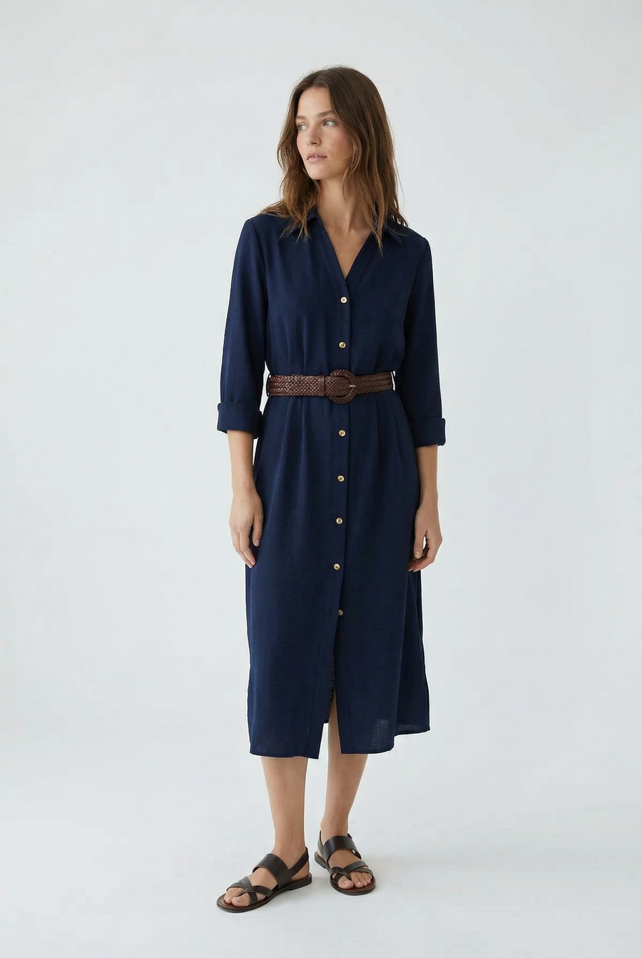 Robe Chemise Longue Bleu Marine Avec Ceinture Tressée