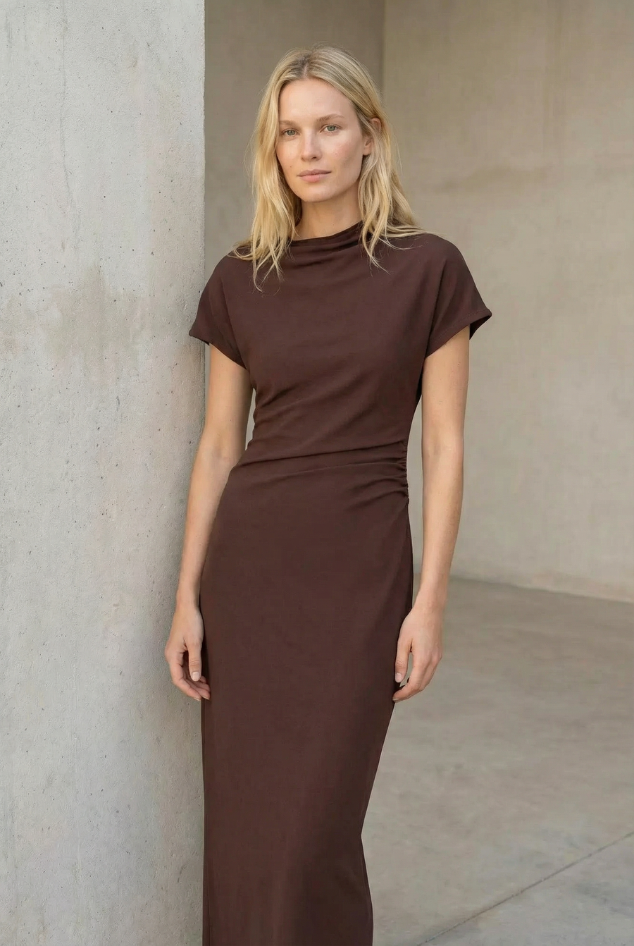 Long brown dress with draped details