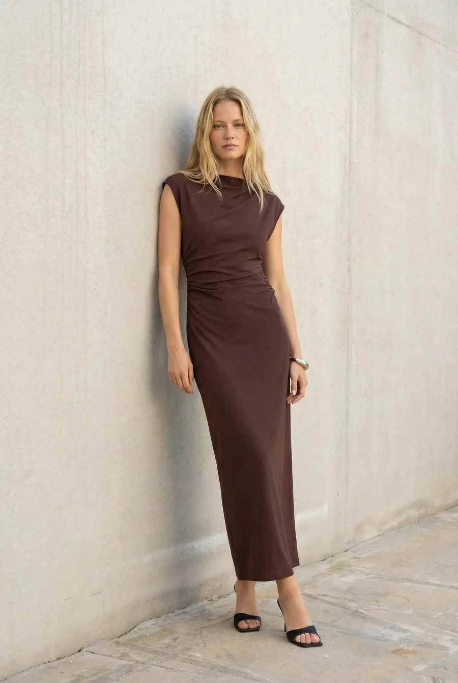 Long brown dress with draped details