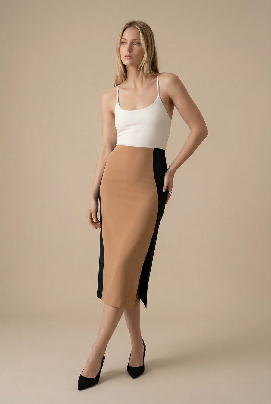 Midi two-tone block dress with straps