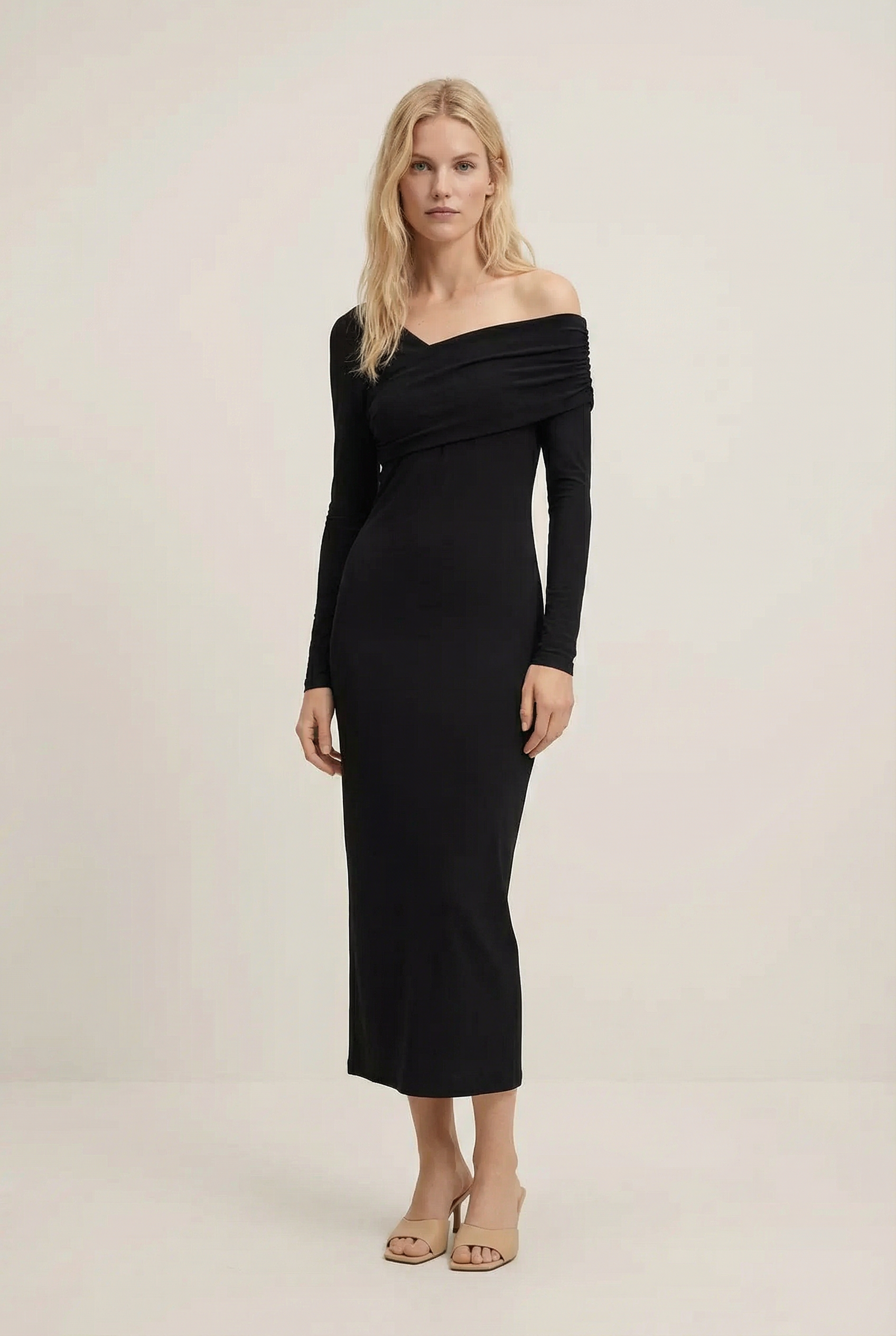 Vestido ajustado negro asimétrico de manga larga, elegante y cómodo, tallas XS-XL
