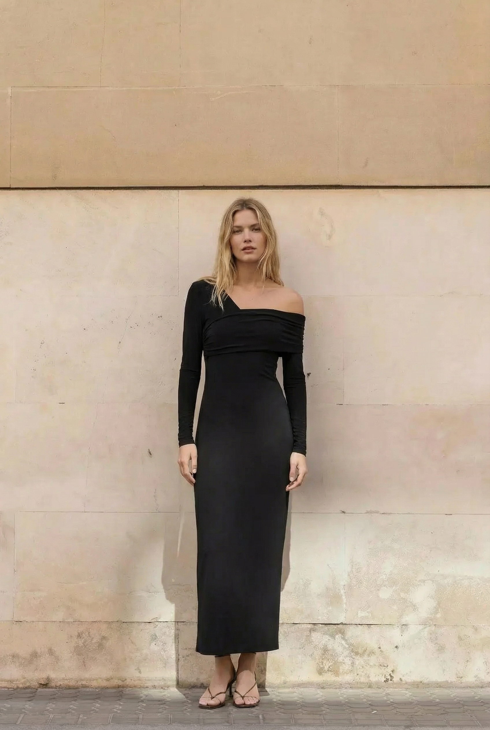 Vestido ajustado negro asimétrico de manga larga, elegante y cómodo, tallas XS-XL