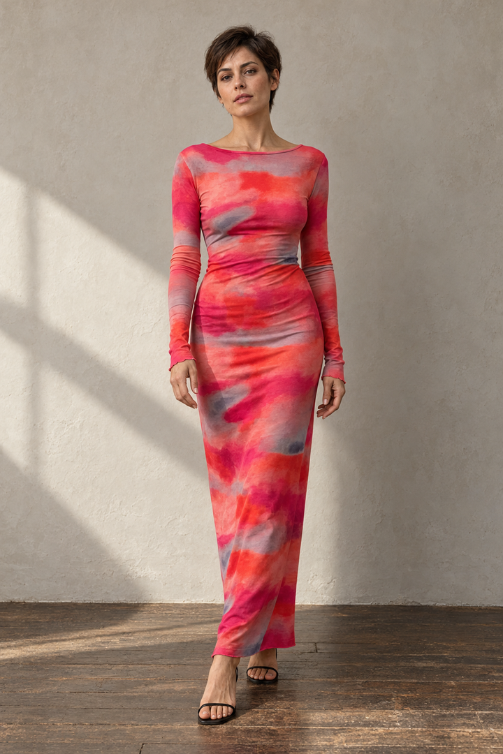 Robe Moulante Tie-Dye À Manches Longues, Dos Nu