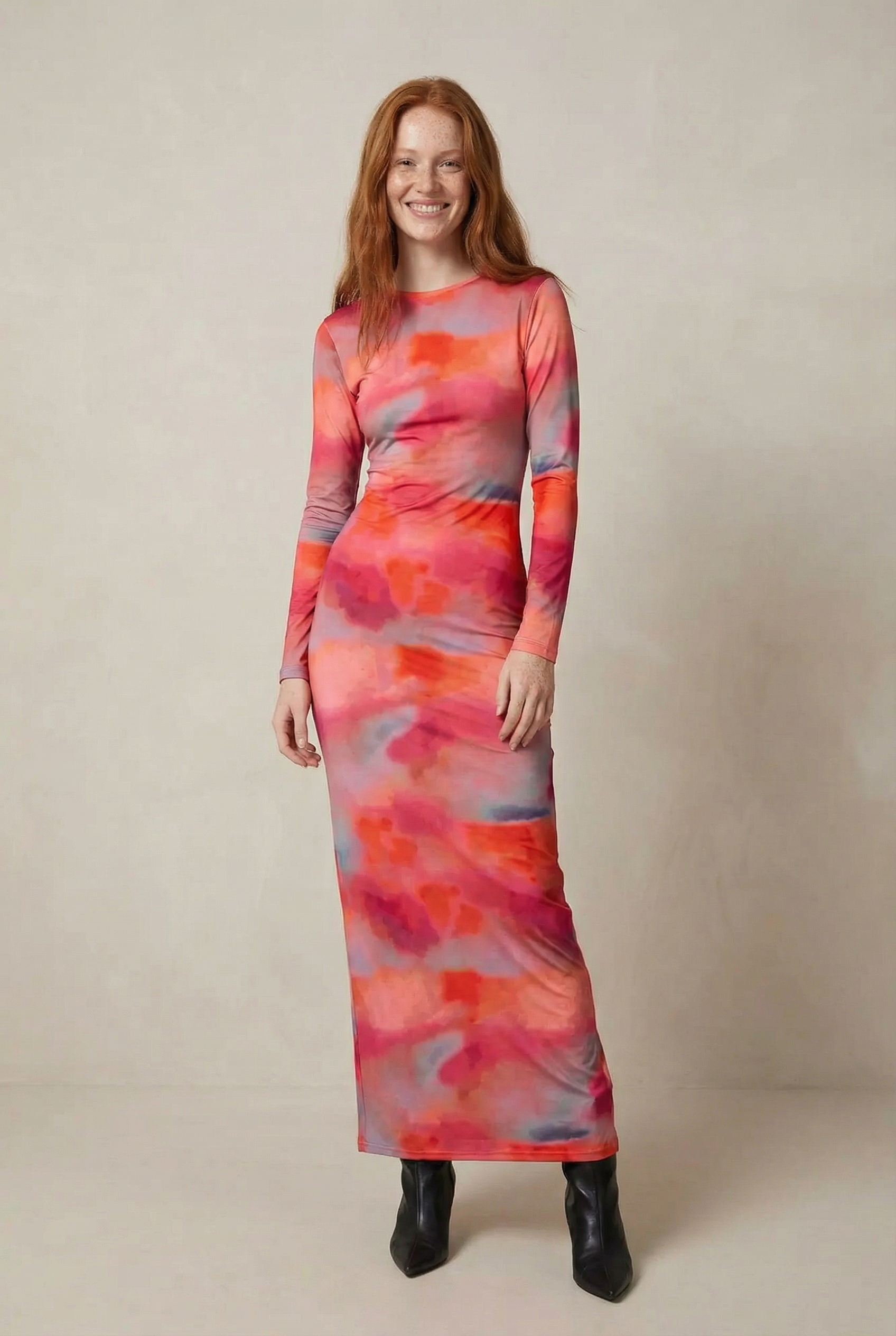 Robe Moulante Tie-Dye À Manches Longues, Dos Nu