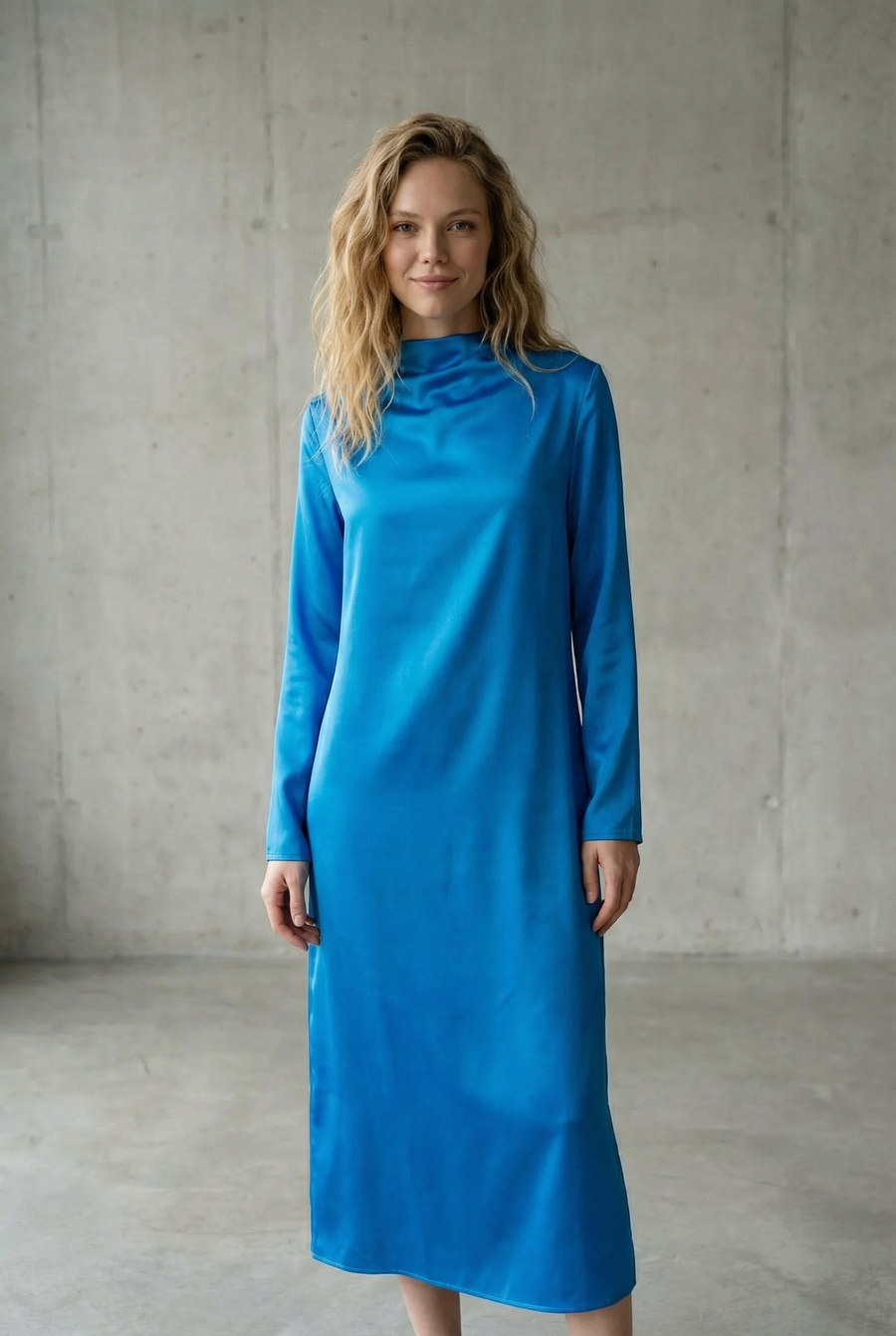 Vestido largo de satén azul eléctrico con cuello alto, mangas largas y abertura en la espalda, elegante y moderno.