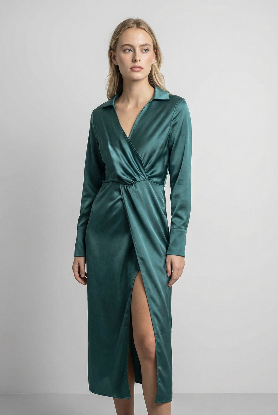 Vestido midi cruzado en satén turquesa