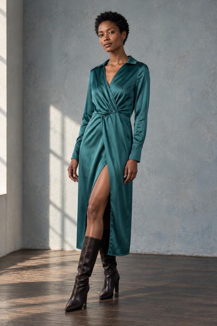 Robe Satin Manche Longue Croisée Midi Sarcelle vue de profil