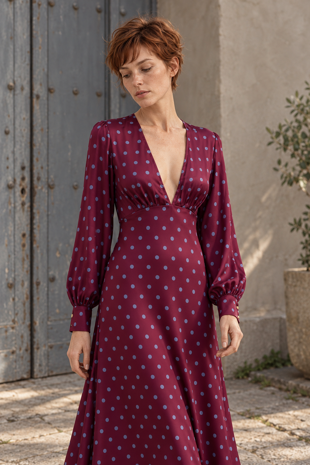 Robe à Pois Midi Manches Longues