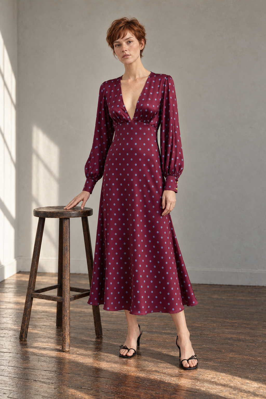 Robe à Pois Midi Manches Longues