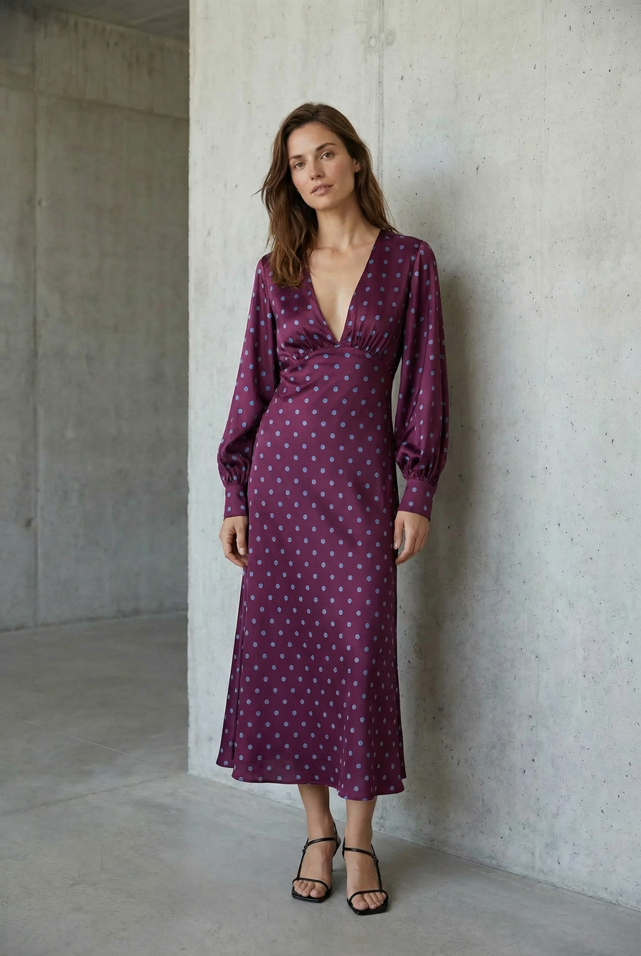 Robe à Pois Midi Manches Longues