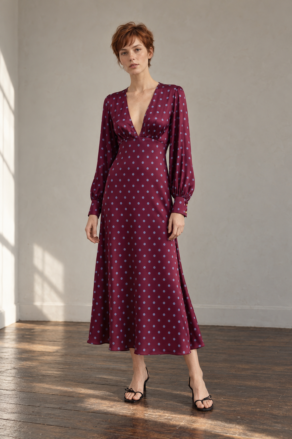 Robe à Pois Midi Manches Longues