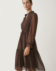 Robe à pois marron – Coupe midi fluide à cordon – Manches longues