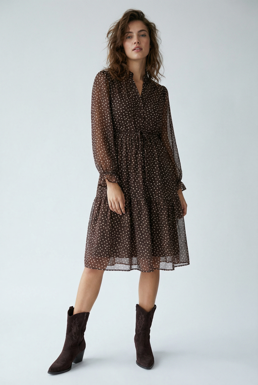 Robe à pois marron – Coupe midi fluide à cordon – Manches longues