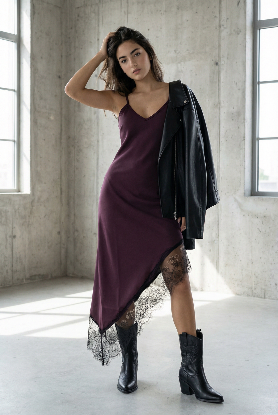 Robe asymétrique dentelle Bretelles fines Tissu extensible