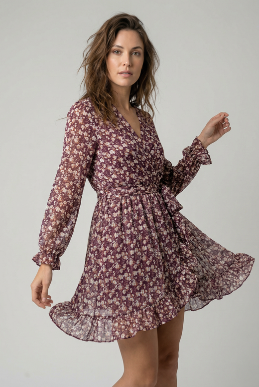 Robe fluide fleurie – Coupe élégante à volants – Manches longues