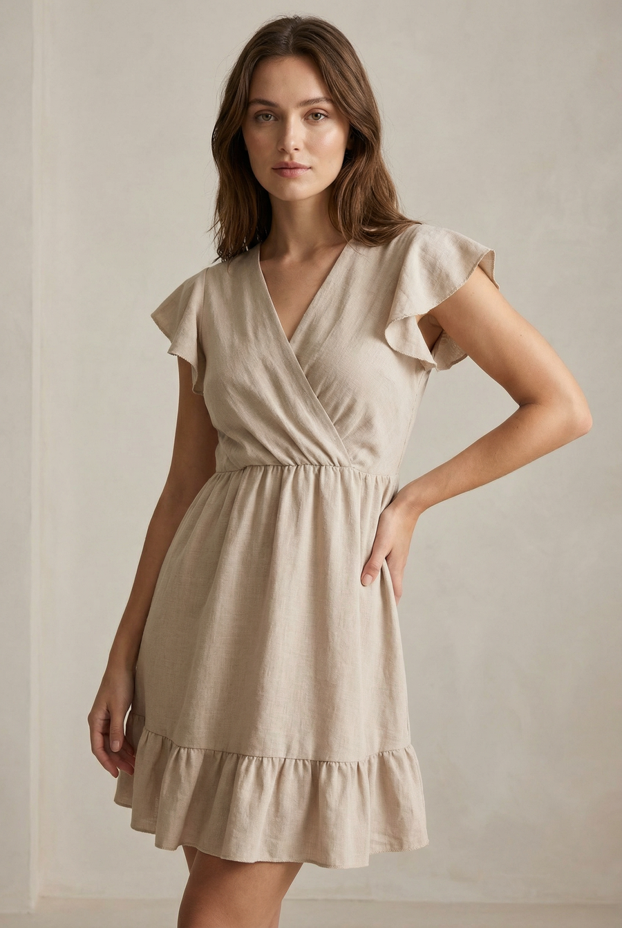 Robe fluide manches courtes en polyester légère — coupe féminine, modèle beige, femme posant avec élégance.