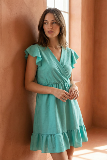Robe fluide manches courtes en polyester légère — coupe féminine, modèle turquoise avec des volants aux manches.