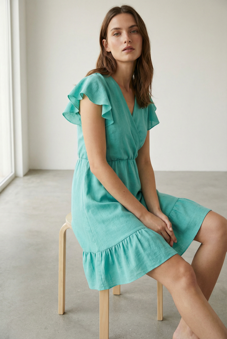 Robe fluide manches courtes en polyester légère — coupe féminine, modèle turquoise, assise sur une chaise moderne.