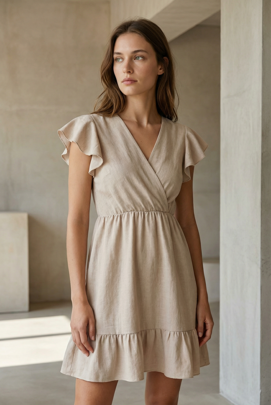 Robe fluide manches courtes en polyester légère — coupe féminine, modèle beige, femme dans un cadre moderne.