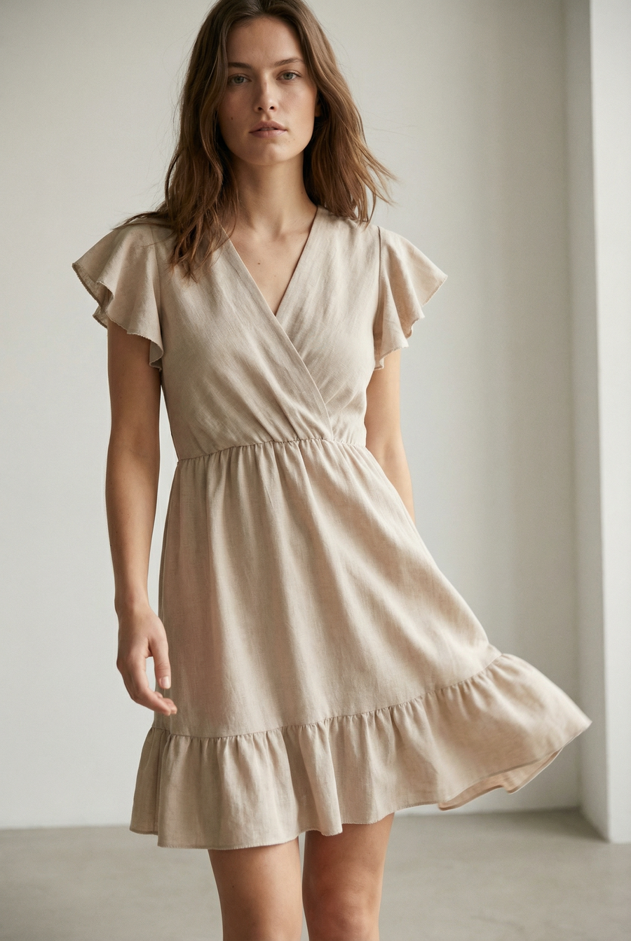Robe fluide manches courtes en polyester légère — coupe féminine, modèle beige portée par une femme.